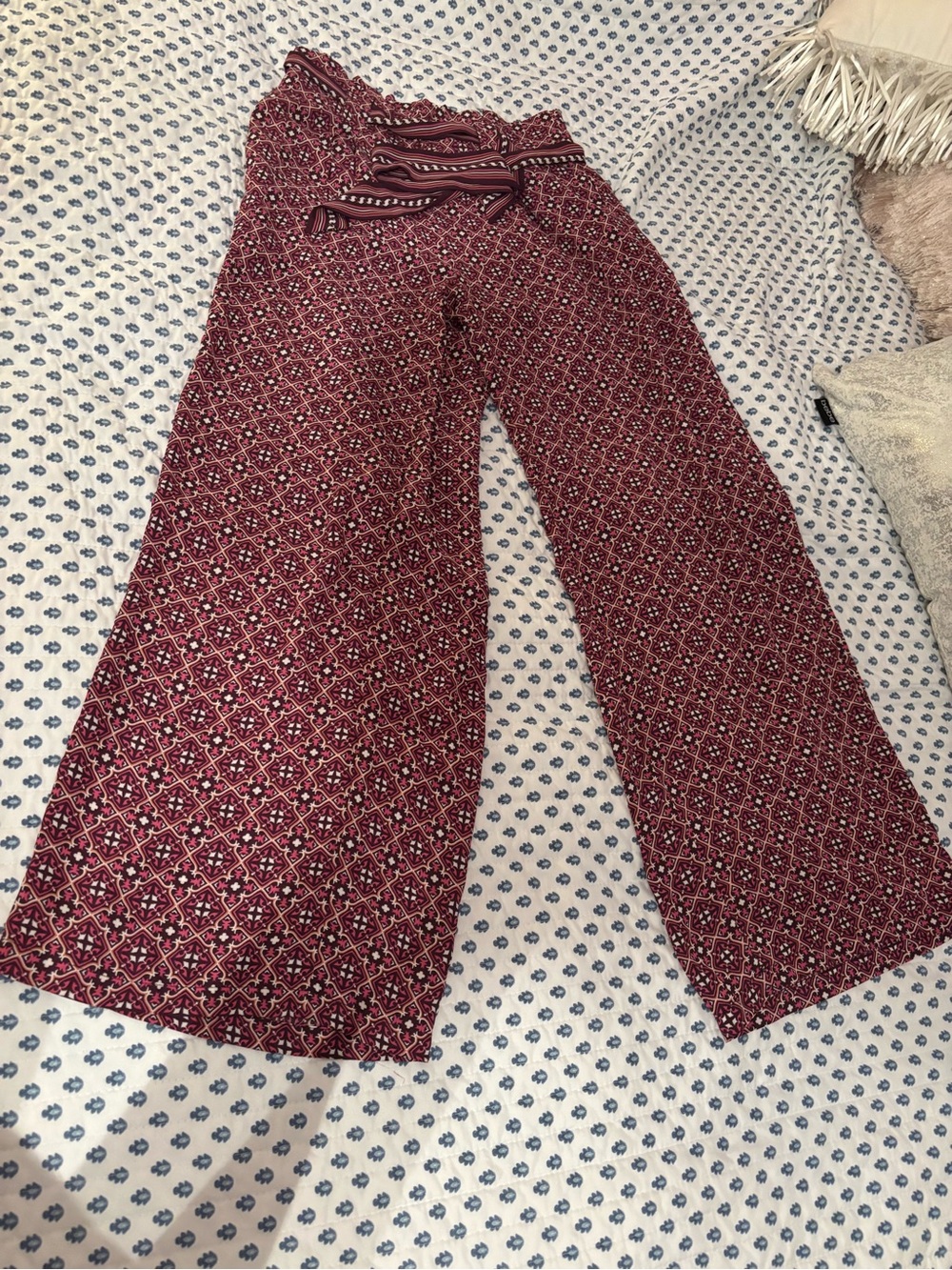 Max Studio Burgundy Patterned Wide-Leg Pants with Self-Tie Waist